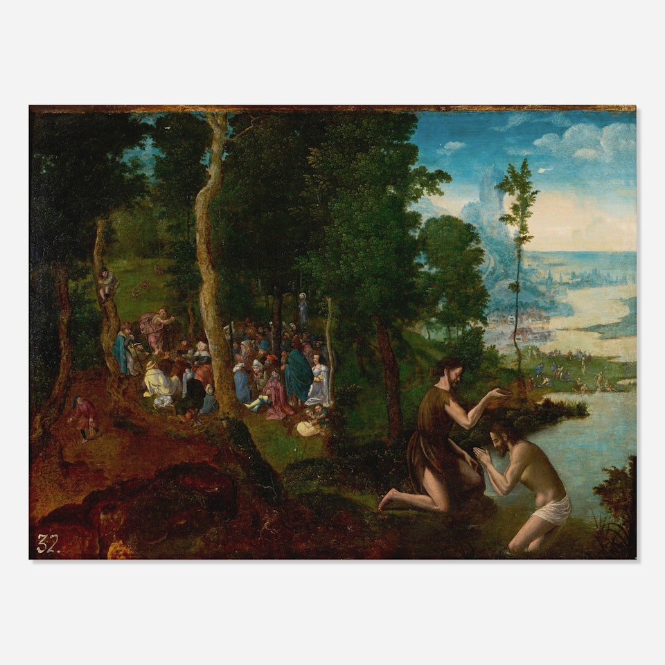 Landscape with Saint John the Baptist preaching and the baptism of Christ by Netherlandish School
