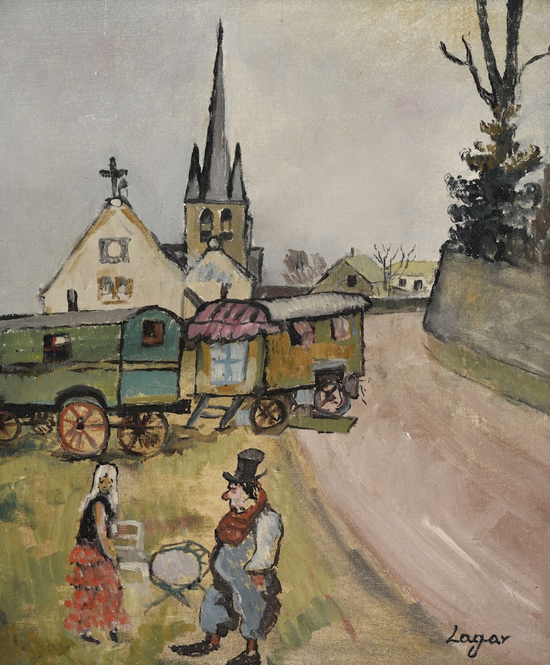 Circus characters in a village in Normandy by Celso Lagar