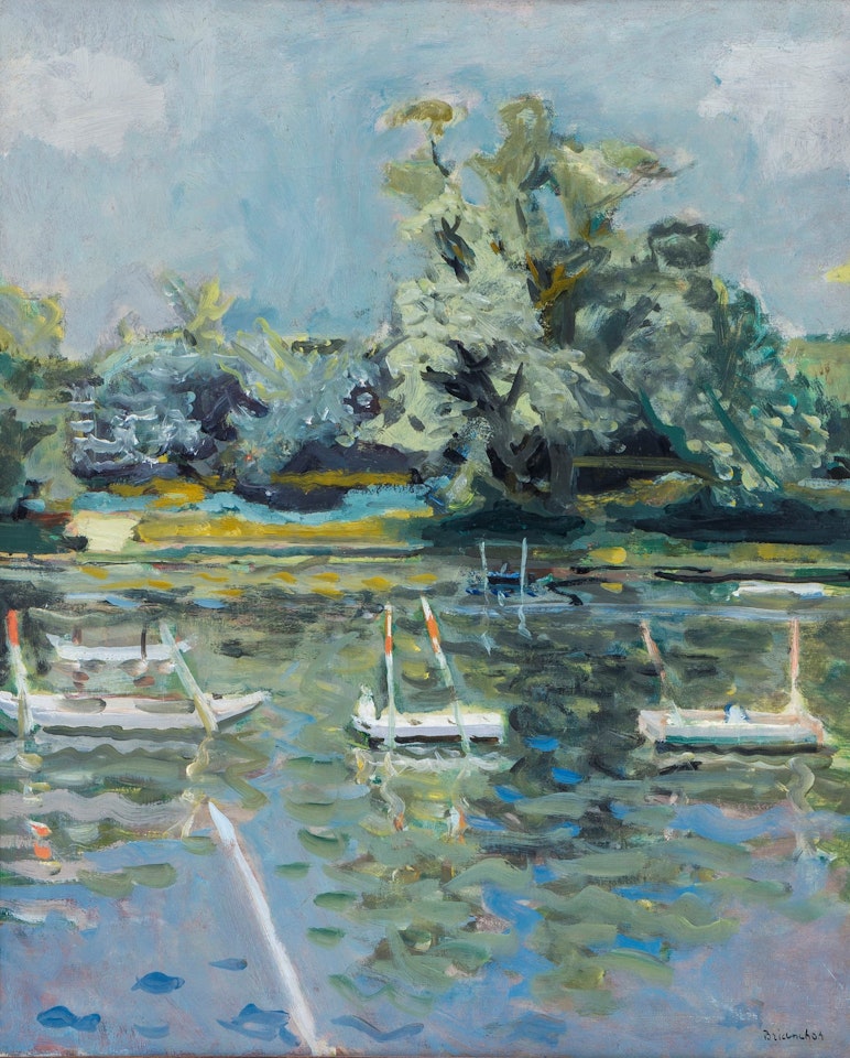 Boats moored on the river by Maurice Brianchon