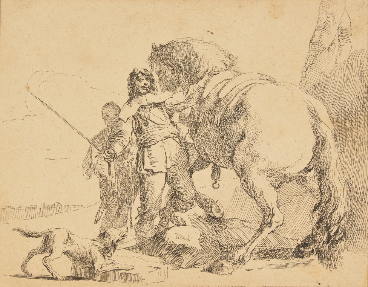 Three soldiers and a boy, Two soldiers and two women, Standing philosopher and two figures et The knight near his horse by Giovanni Battista Tiepolo