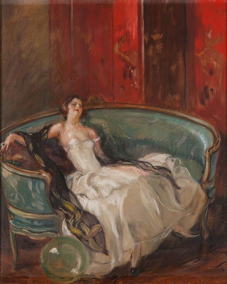 Elegant woman on a sofa by Jean Gabriel Domergue