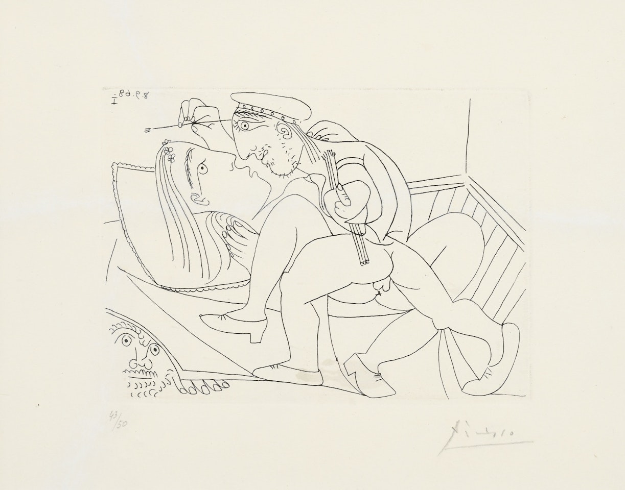 Voyeur under the bed and artist in a sailor"s cap making love with a model" by Pablo Picasso