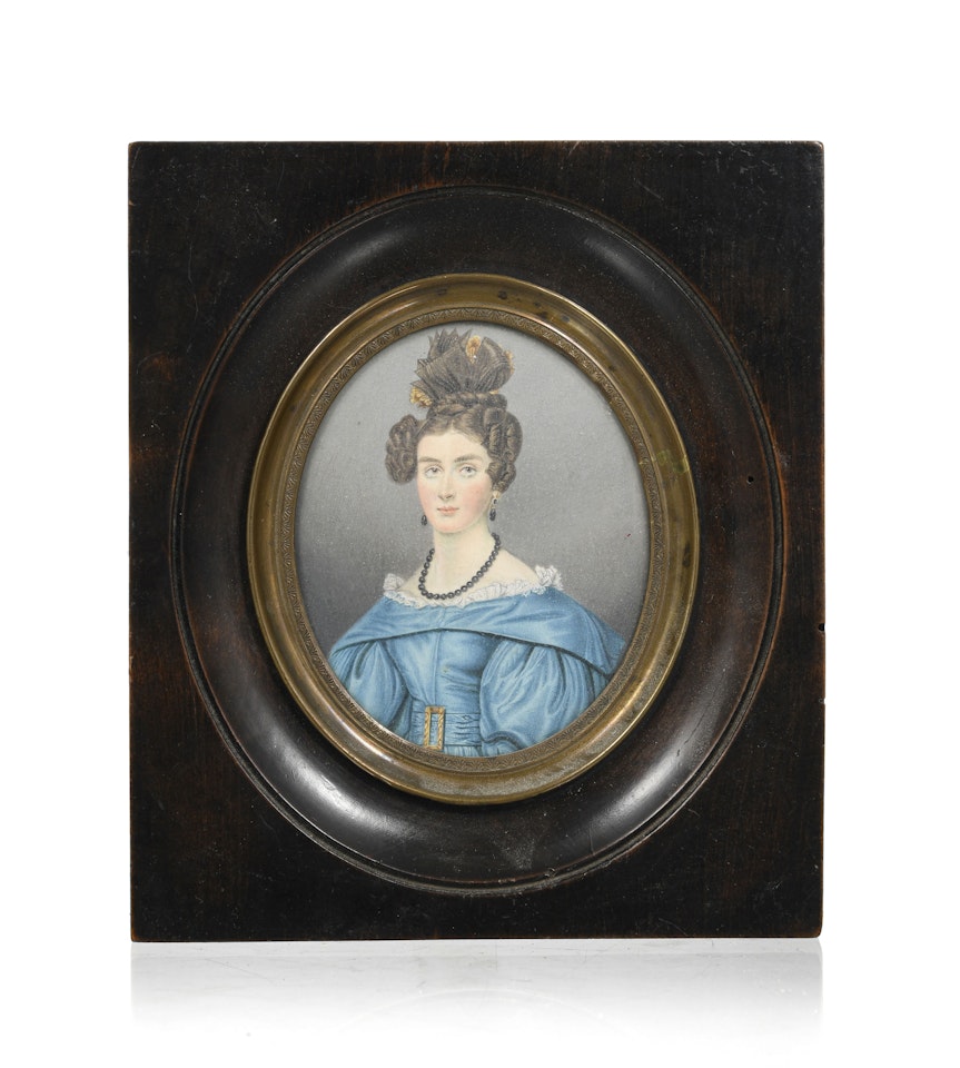 Lady with giraffe headdress; miniature portrait on ivory by French School