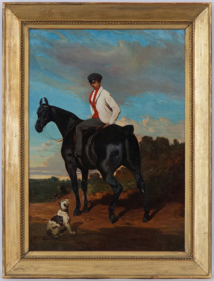 Young rider in white jacket and cap on a black bay horse, with a dog at his feet by Alfred de Dreux