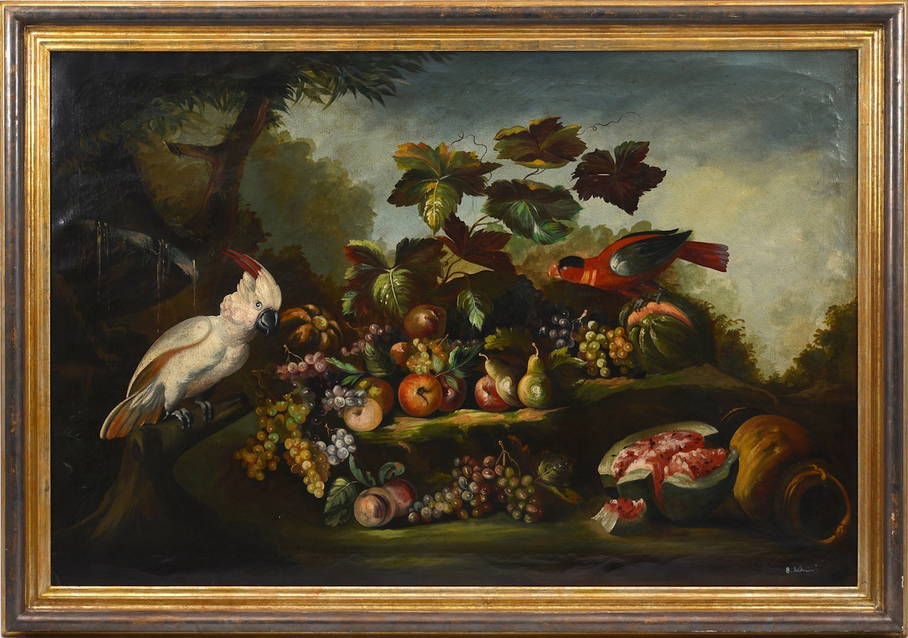 Still life with fruits and parrots by Italian School