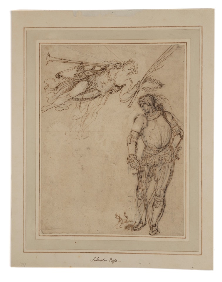 Warrior in armor holding a sword and allegorical figure holding a trumpet, palm and laurel wreath by Salvator Rosa