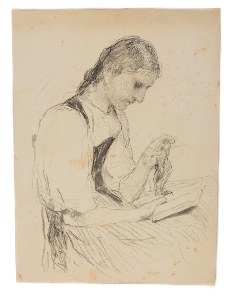 Young woman at work; Study of hands by Albert Anker