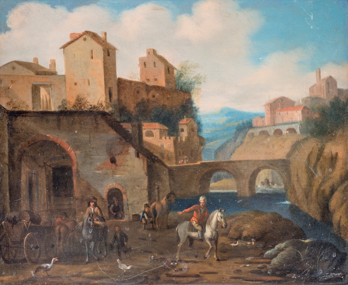 Village scene by Pieter van Bloemen