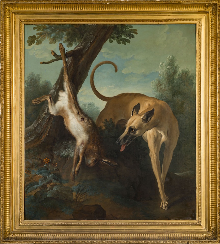 Greyhound guarding a hare hunting trophy by Jean-Baptiste Oudry
