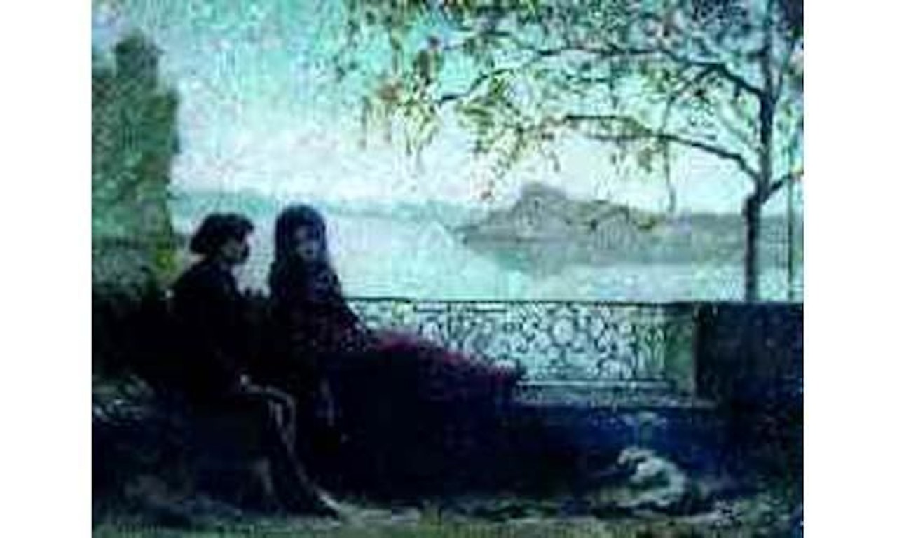 COUPLE CONVERSING BY A LAKE by French School