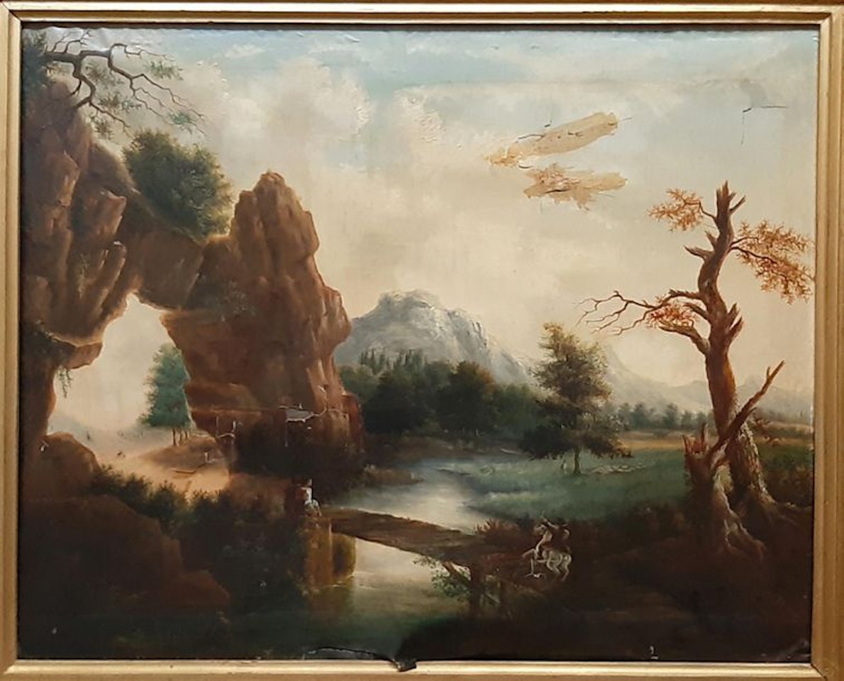 Rider and shepherdess on the bridge in a mountainous by French School