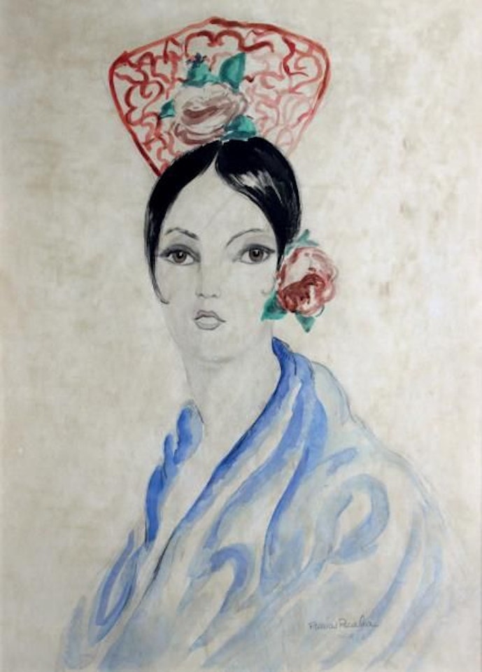 Bust portrait of a young Spanish woman with a red comb by Francis Picabia