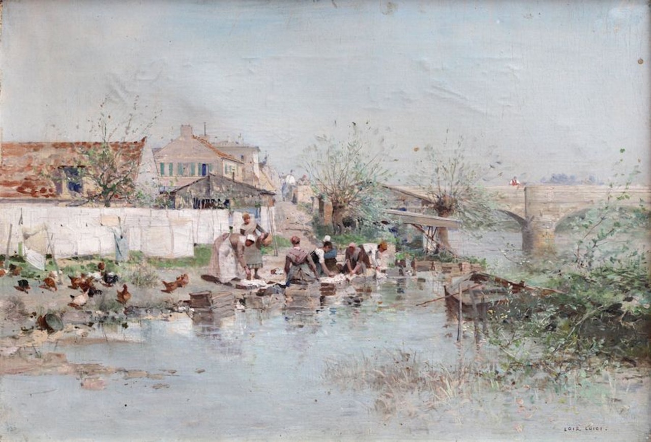 The washerwomen at the exit of the village near the bridge by Luigi Loir