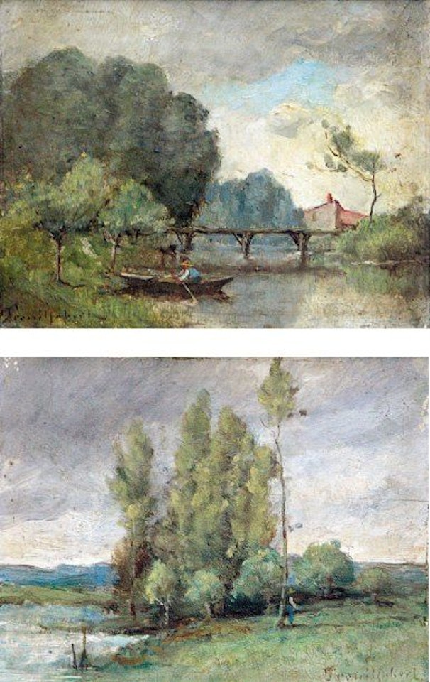 Fisherman in boat. Walker near the poplars by Paul Désiré Trouillebert