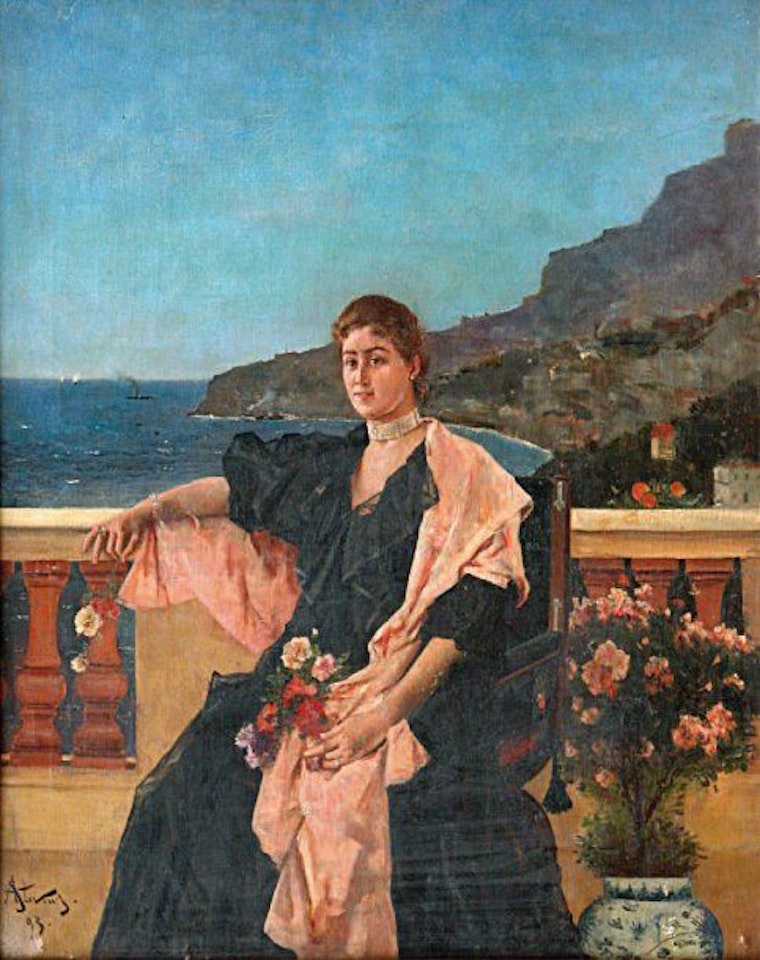 Full-length portrait of a woman against a sea background by Alfred Stevens