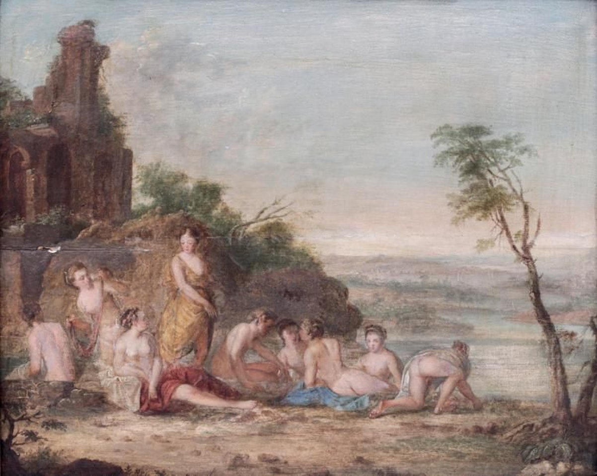 Bathers in a lake landscape by French School