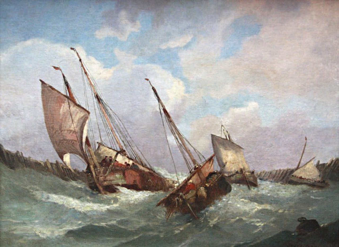 Fishing boats in rough seas by French School