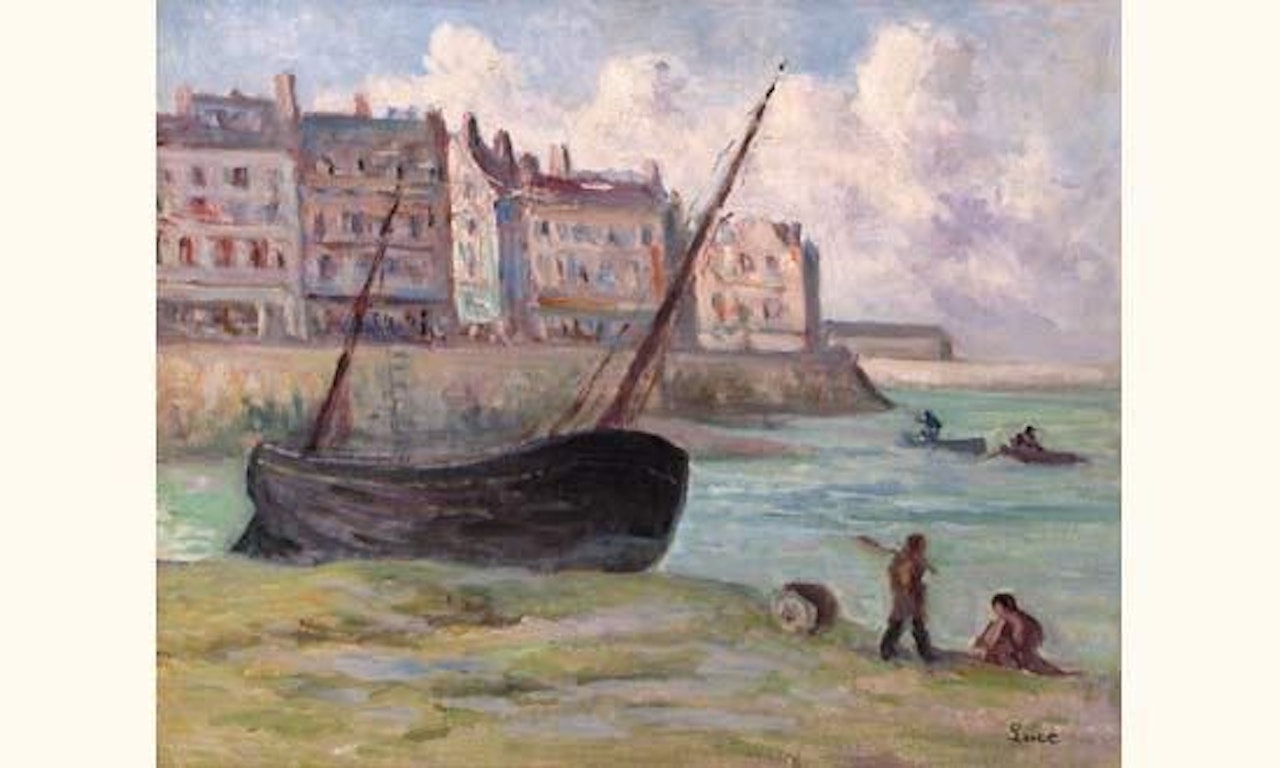 THE TRÉPORT, A FISHING BOAT WASHED IN THE PORT by Maximilien Luce