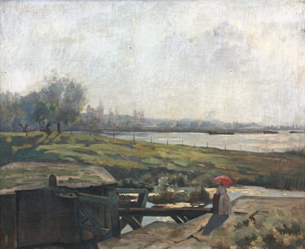 Woman with red umbrella near the lock by French School