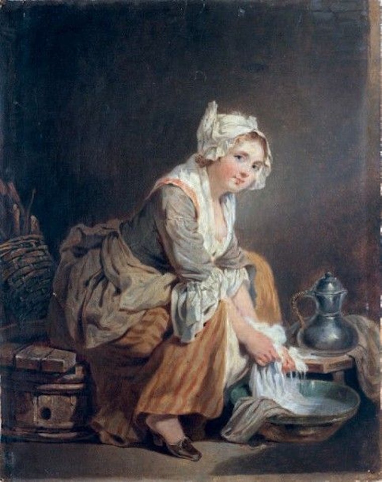 Young woman washing laundry in an interior or the washerwoman by French School