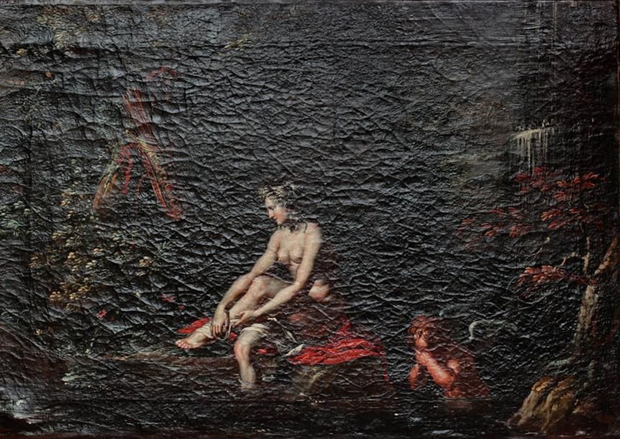 Diana in the bath near Cupid hiding his eyes by French School