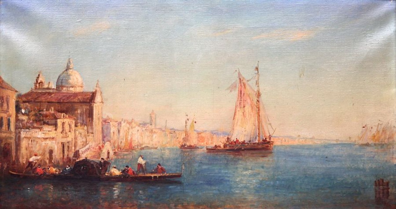 View of Venice, the lagoon bustling with sailboats and gondola by French School