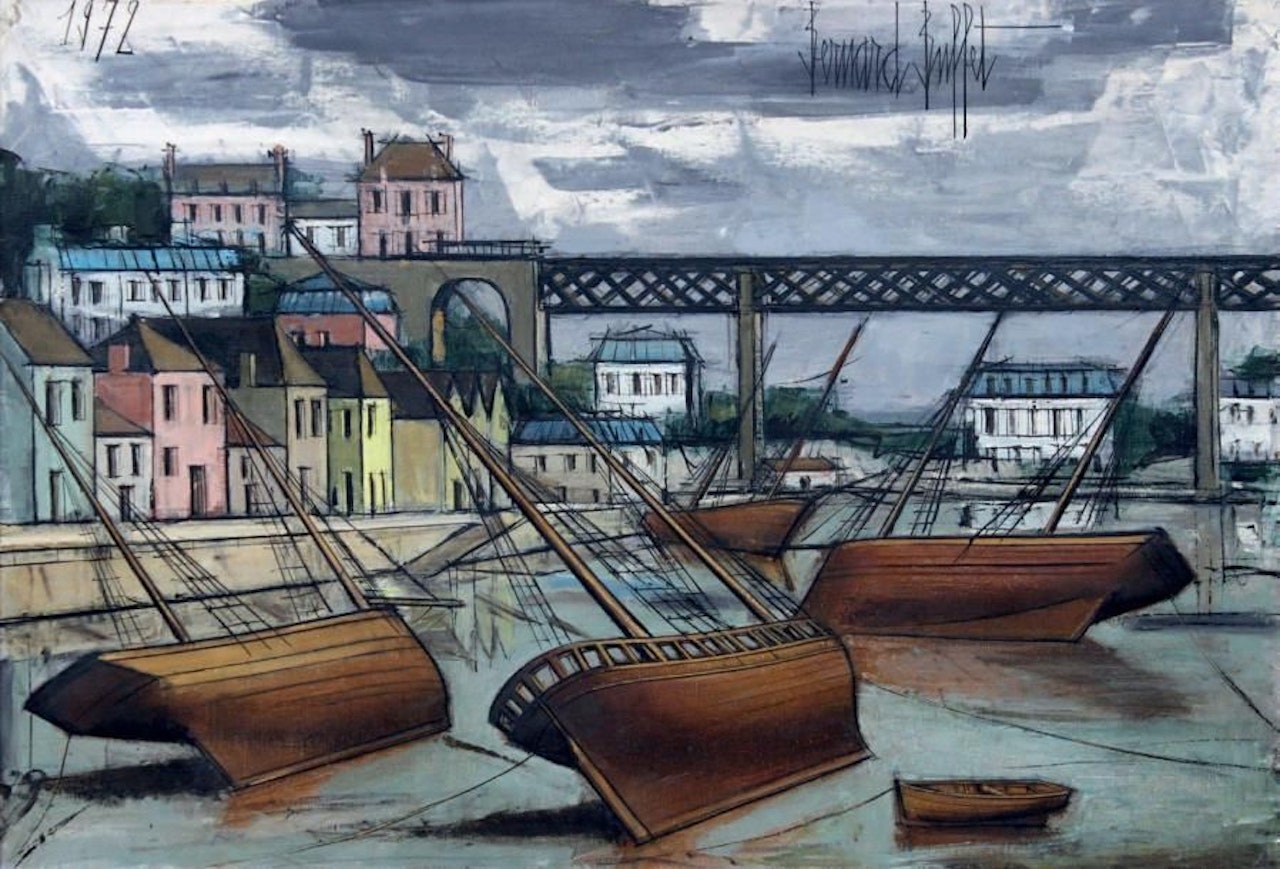 TREBOUL, the viaduct and a corner of the port at low tide (Finistère) by Bernard Buffet