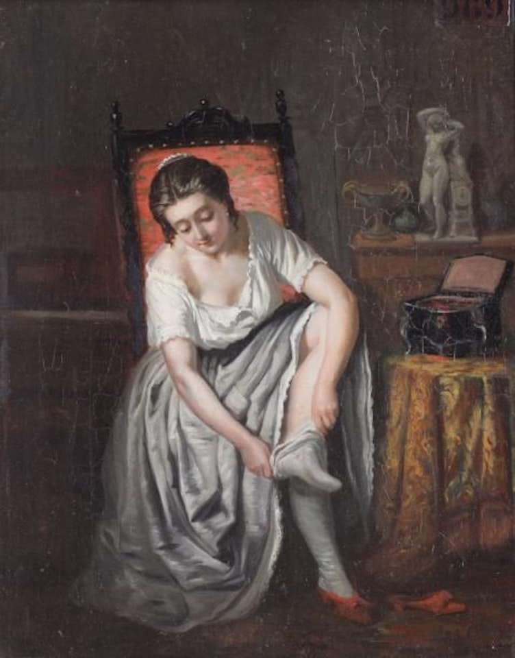 Young woman in an interior putting on stockings by French School