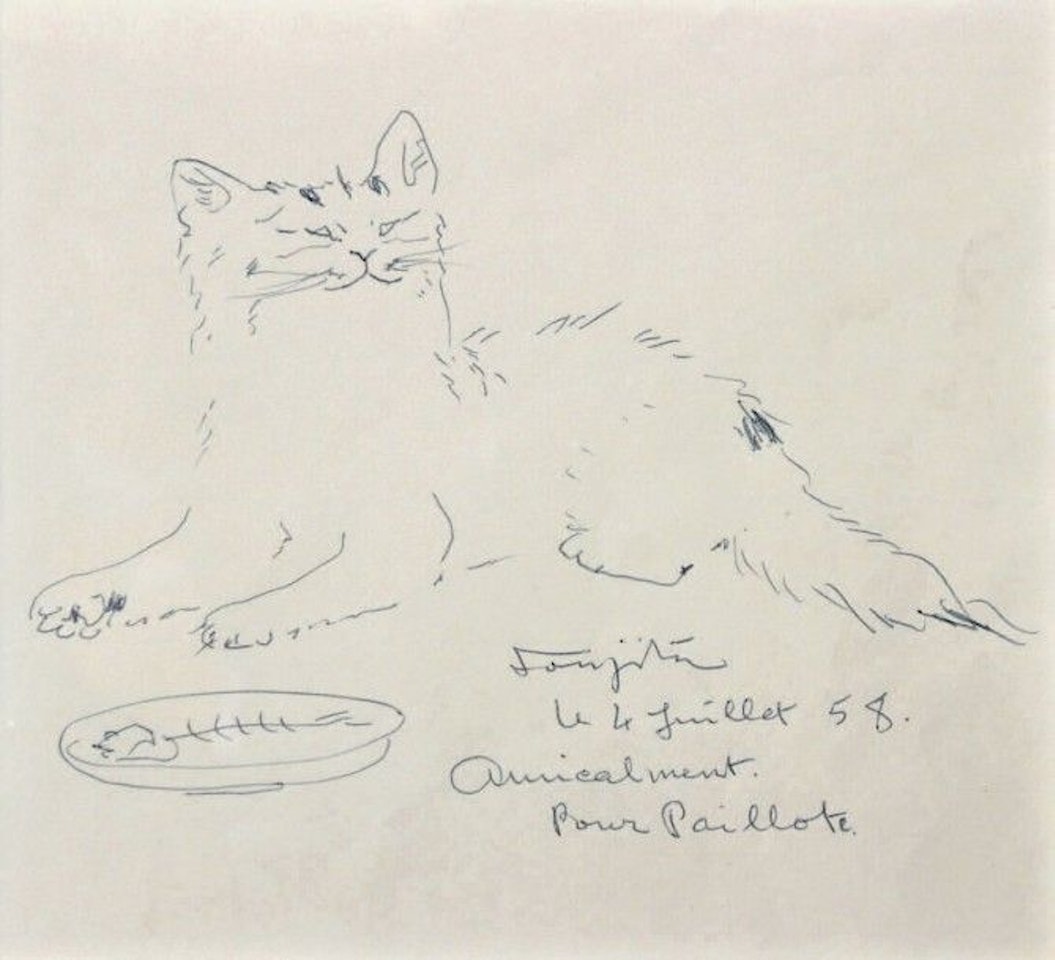 Lying cat, a plate next to him by Leonard Tsuguharu Foujita