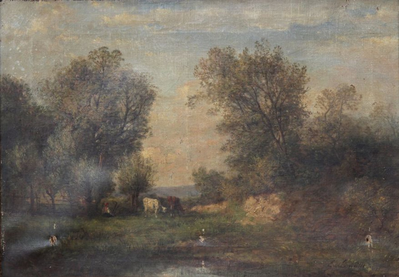 Shepherdess and two cows in a meadow by French School