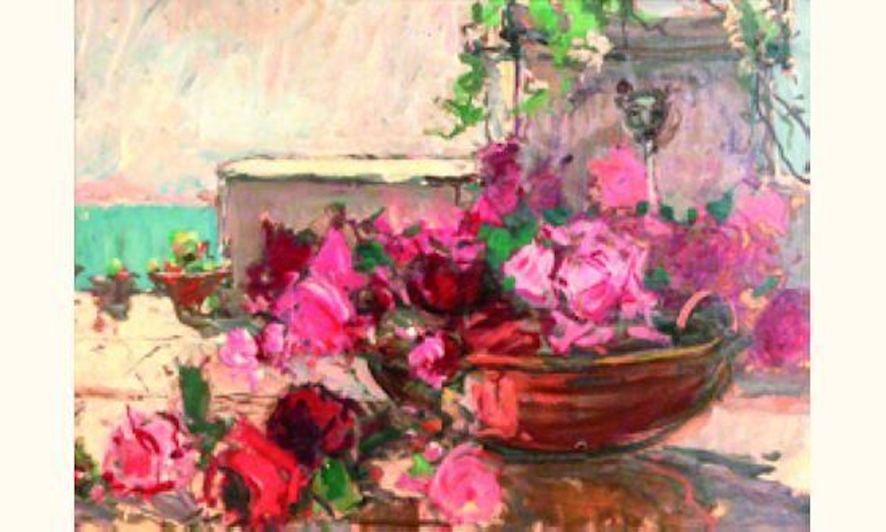 Flowers on a landscape background by French School