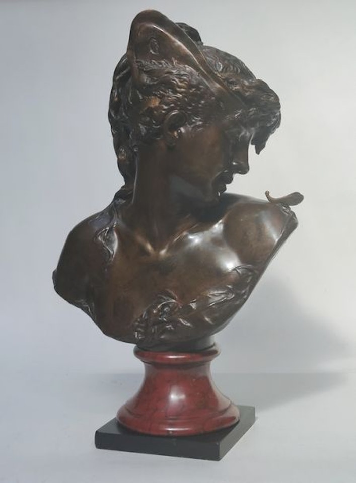 Bust of a young woman with a diadem, head turned to observe a butterfly on her shoulder by French School