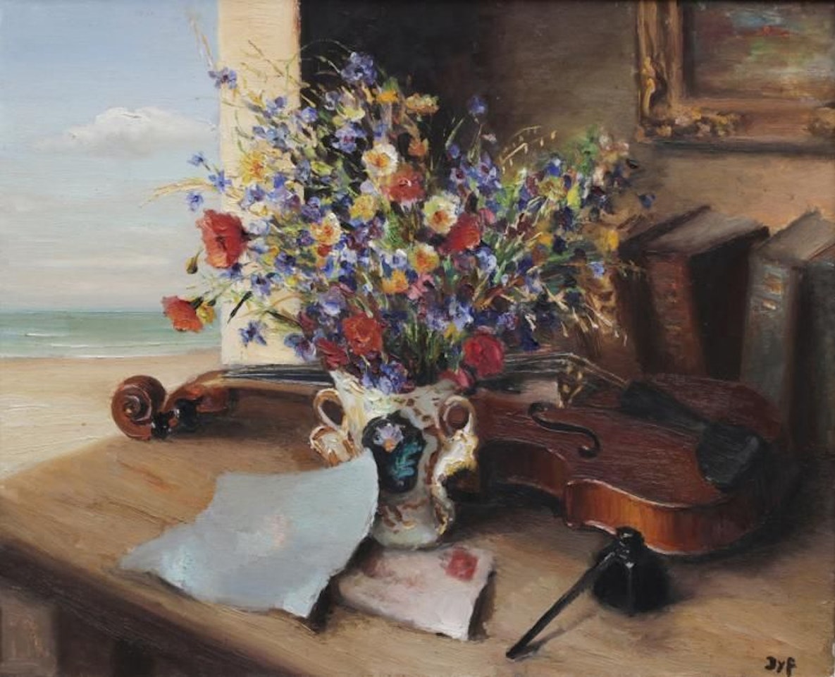 Still life with books, violins and bouquets of flowers on a sea background by Marcel Dyf