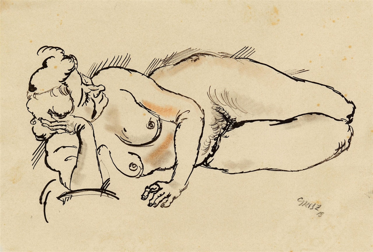 Liegend aufgestützter weiblicher Akt by George Grosz