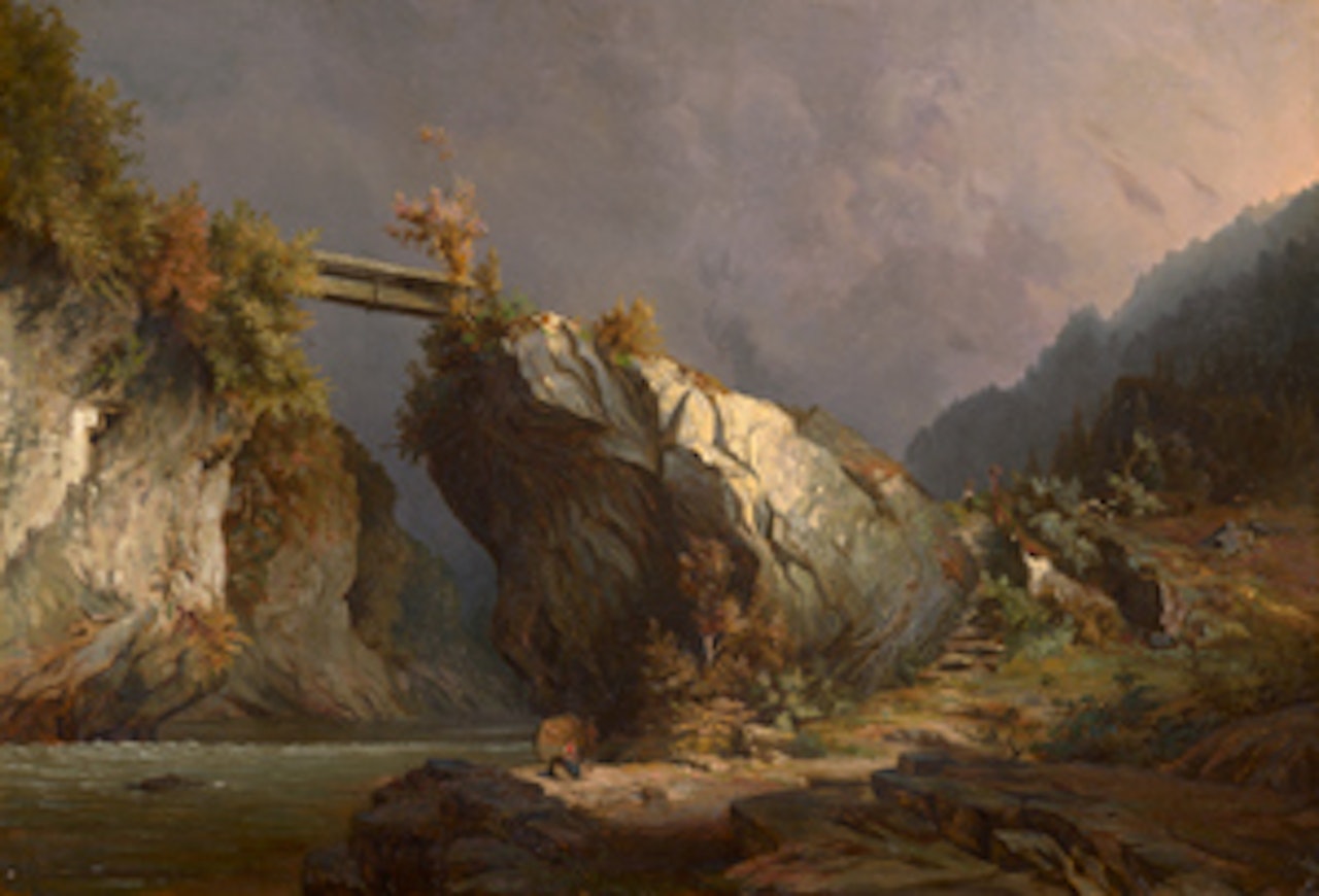 Swiss landscape with a wooden bridge over a mountain stream by German School
