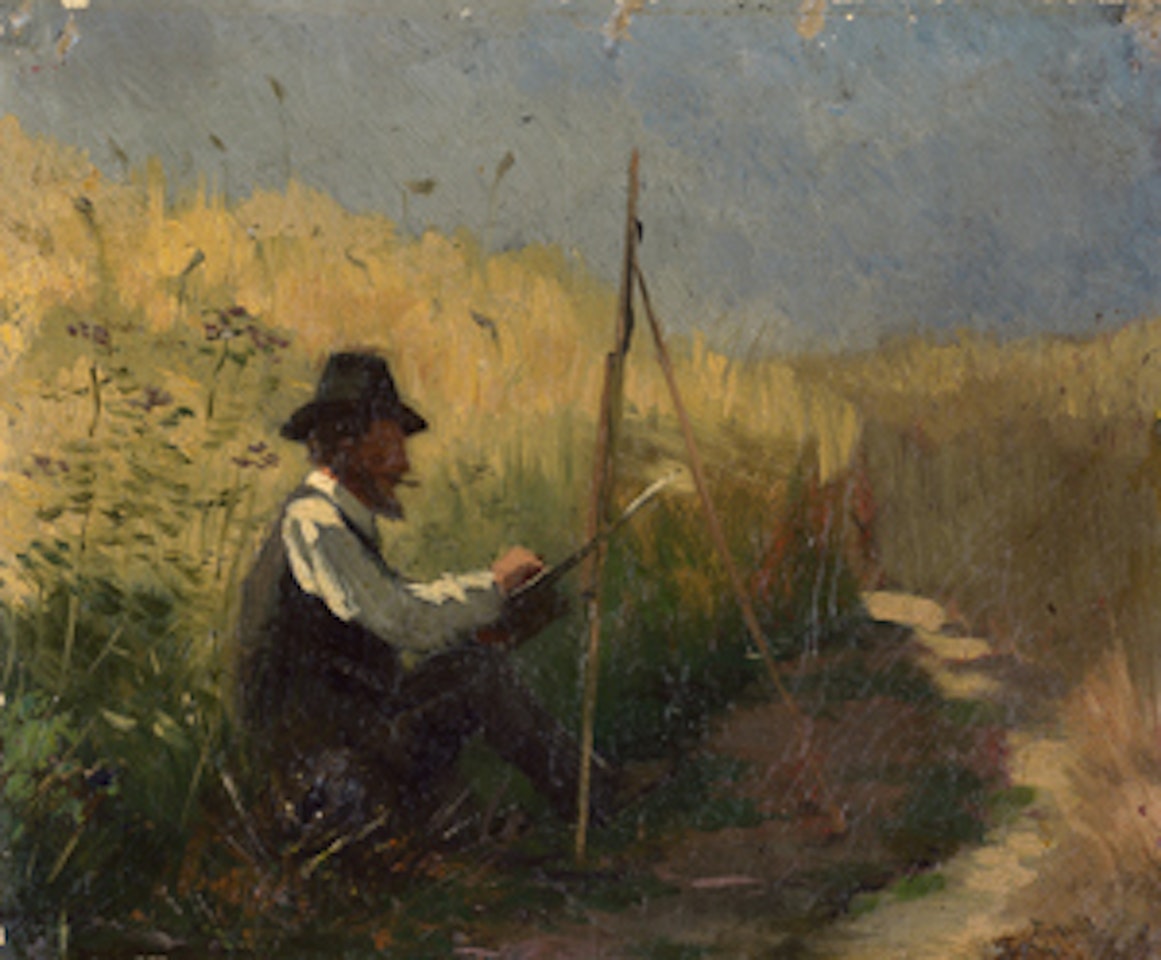 Painter at the easel in a wheat field by German School