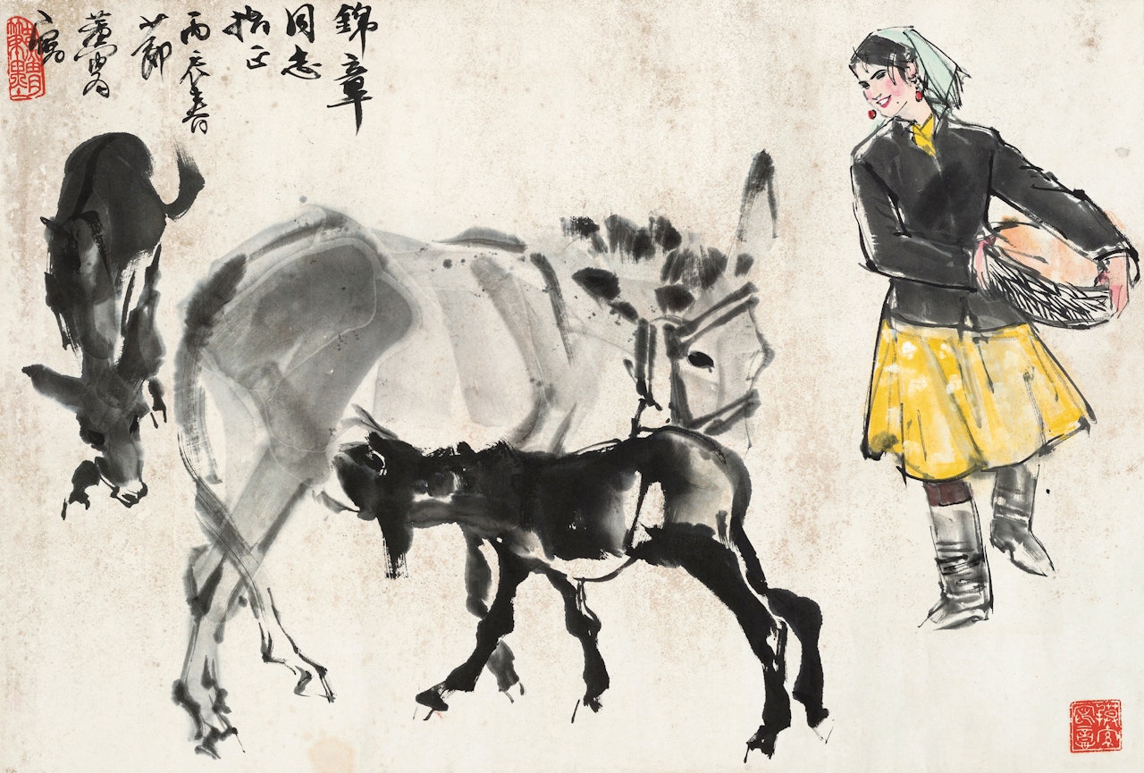 LADY AND THREE DONKEYS by Huang Zhou
