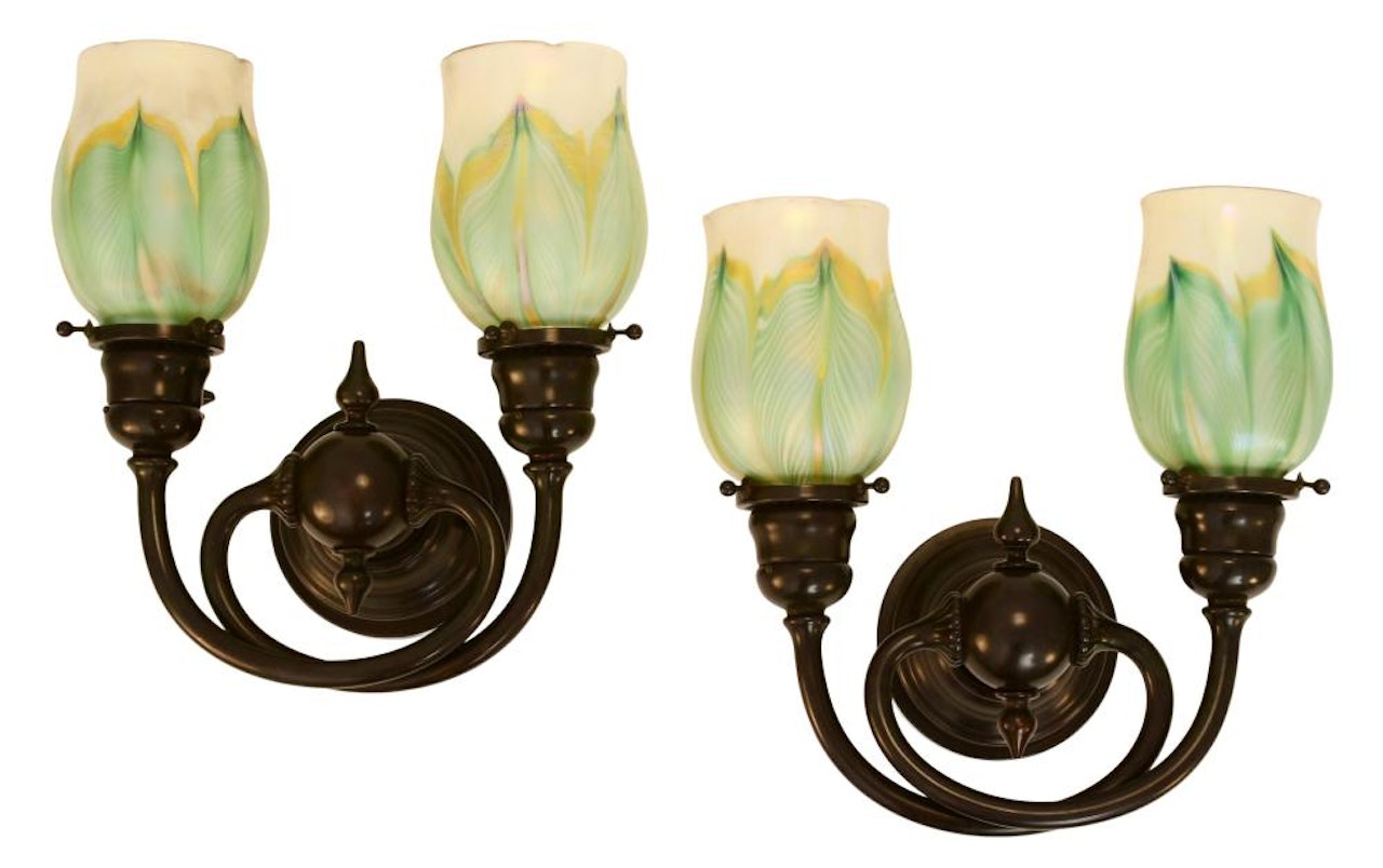 Pair of Two-Light Sconces with "Pulled Feather" Shades by Tiffany Studios