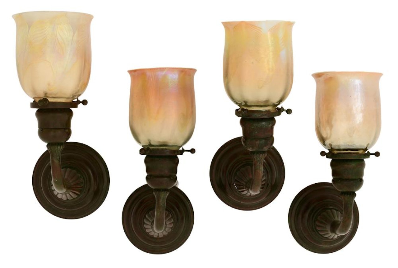 Set of Four Sconces with "Pulled Feather" Shades by Tiffany Studios