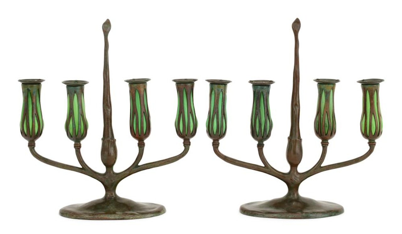 Pair of Blown Glass Four-Light Candelabrum by Tiffany Studios