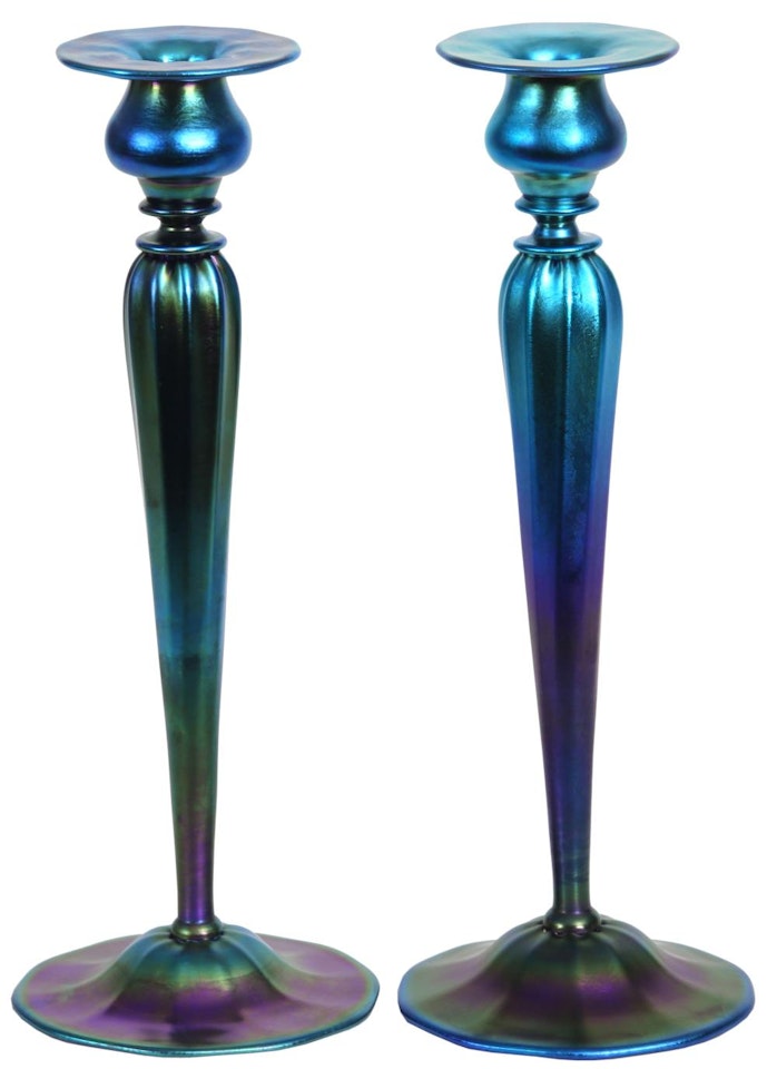 Pair of Tiffany Studios Favrile Glass Candlesticks by Tiffany Studios