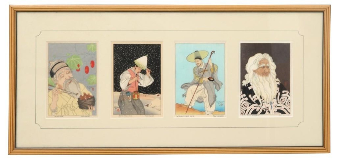 Framed Christmas Cards; "Le Nid: Coree"; "Nuit de Neige: Coree"; "La Bronze Errant: Coree"; "Vieil Aino: Hokkaido" by Paul Jacoulet