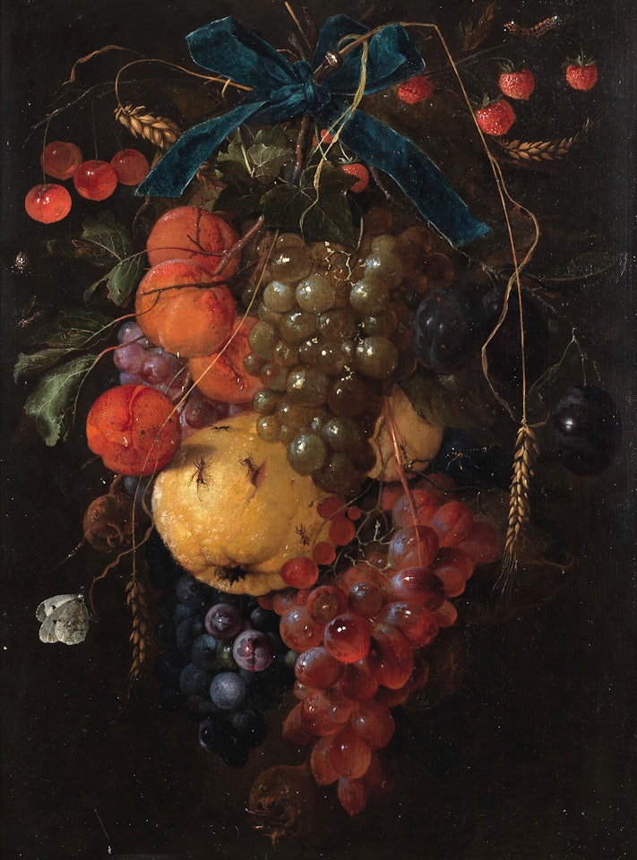 A swag of cherries, strawberries, apricots, grapes, lemons, plums and ears of corn hanging from a blue ribbon with a cabbage white butterfly, a caterpillar and other insects by Cornelis de Heem