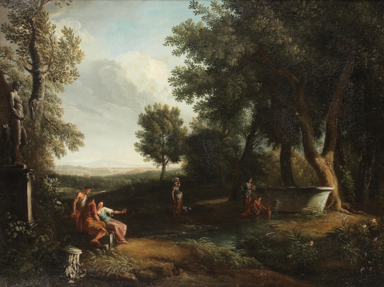 A wooded landscape with figures resting by a pool by Roman School