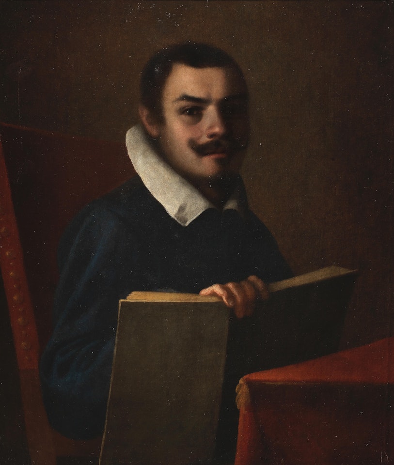 Portrait of a gentleman, half-length, seated at a draped table and holding a book by BOLOGNESE SCHOOL