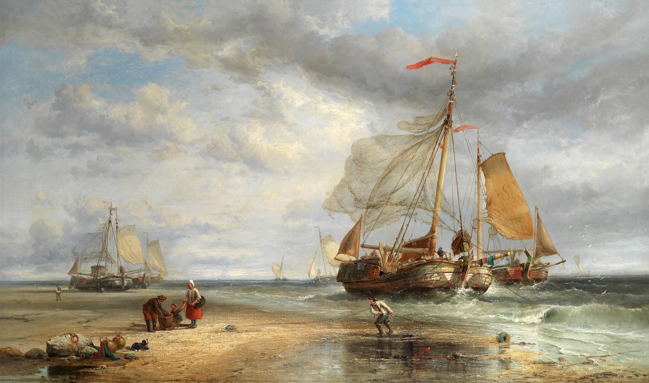 A beach scene with fisherfolk and fishing boats with their nets being dried by James Webb