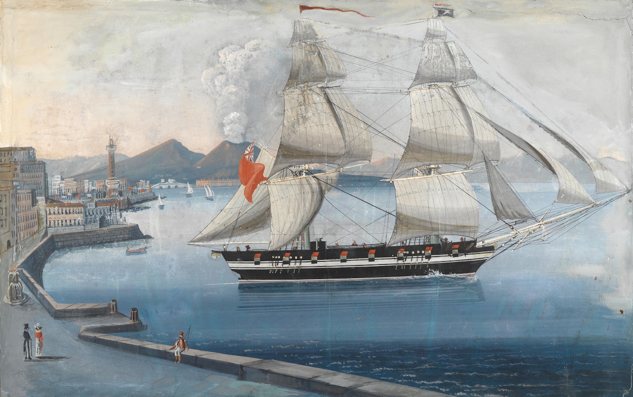 "A Side View of the Bay & City of Naples. the Brig Kitty of Boness, John Spence Commander. Leaving the Harbour" by Neapolitan School