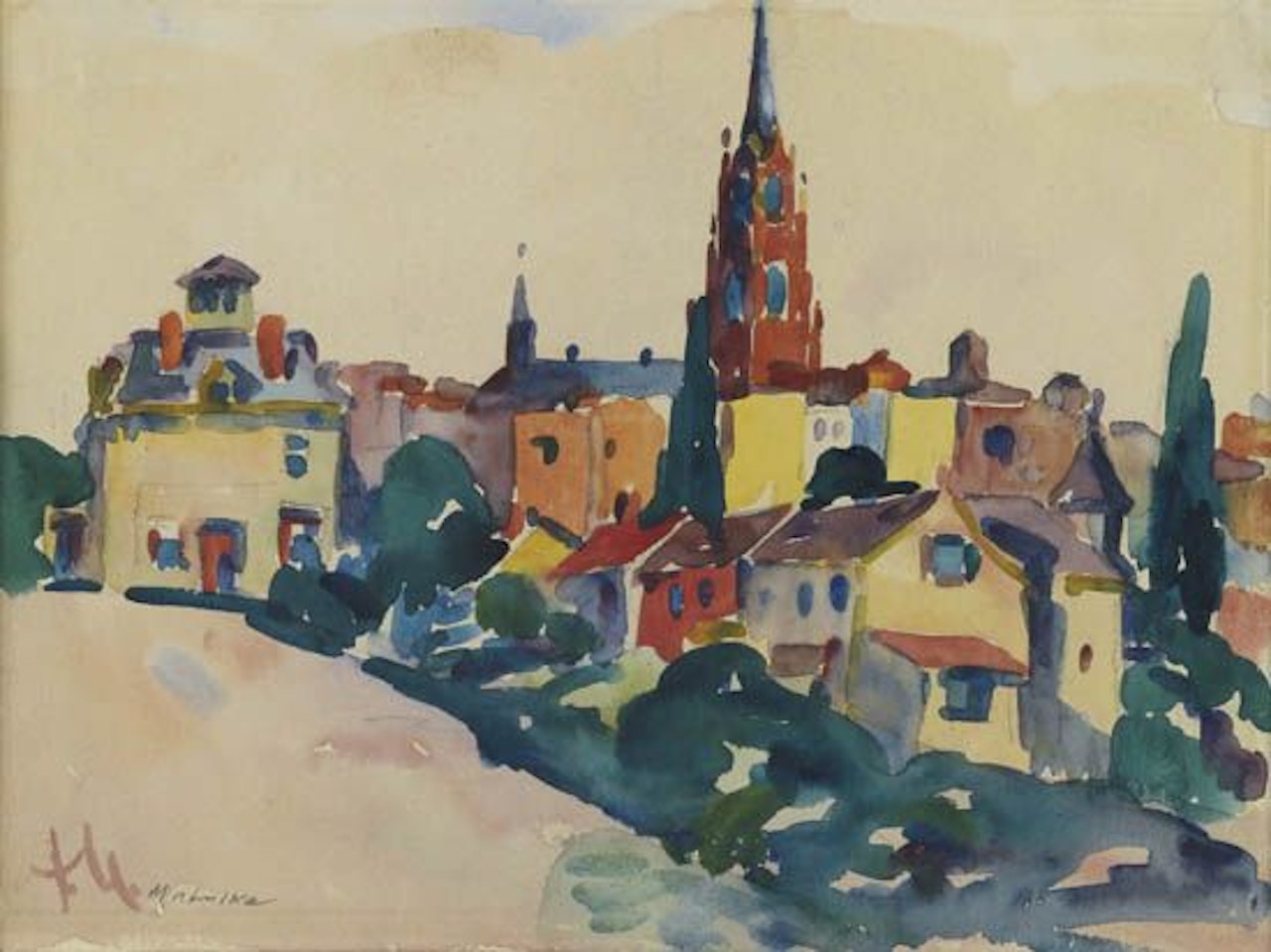 View of a Hilltown with a Red Church by Jan Matulka