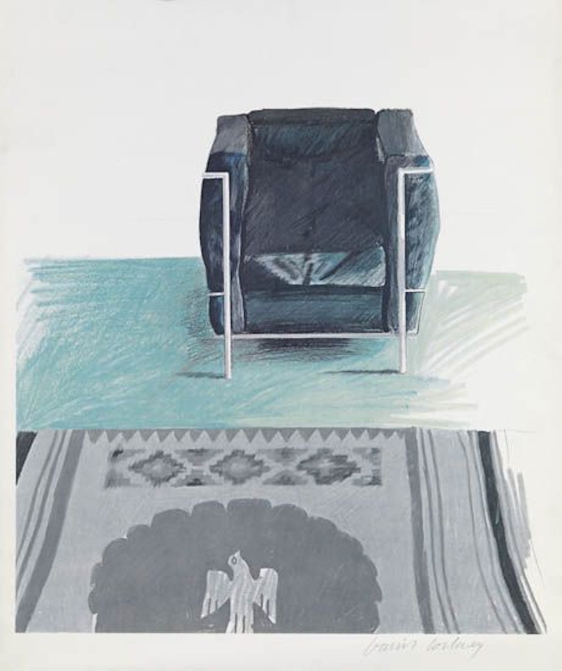 David Hockney at Andre Emmerich (Corbusier Chair and Rug). by David Hockney