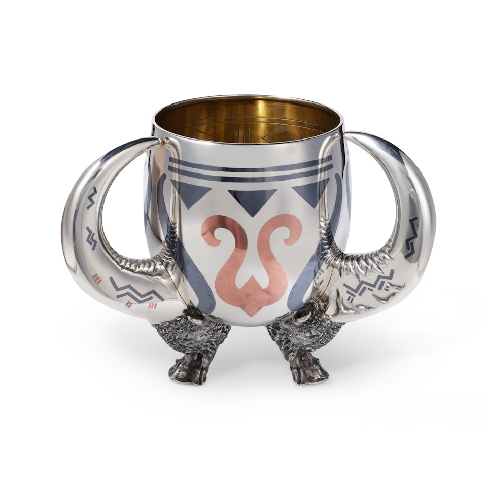 A Rare American Silver and Mixed Metal “American Indian Style” Three-Handled Loving Cup, probably designed by Edward C. Moore and Paulding Farnham by Tiffany & Co.